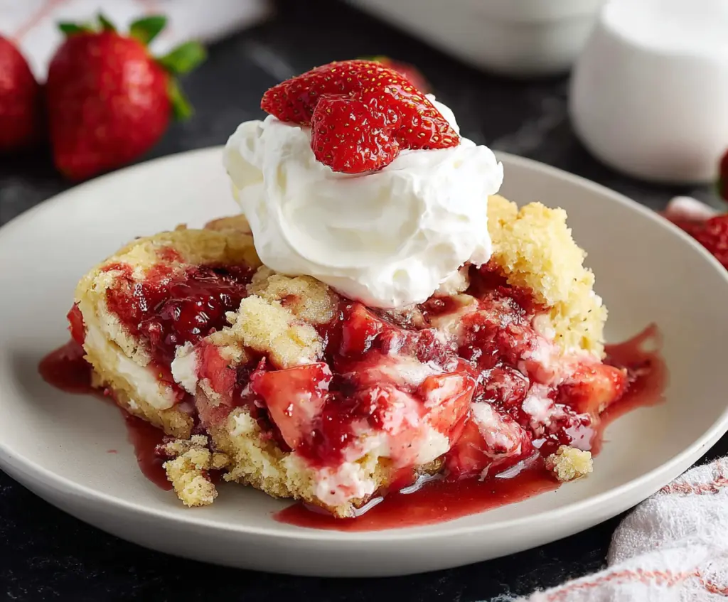 Delicious Easter Strawberry Cheesecake Dump Cake with fresh strawberries and creamy cheesecake topping.