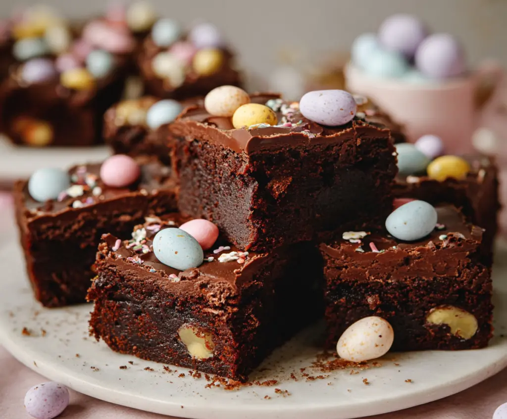 Delicious Frosted Mini Egg Easter Brownies with colorful toppings for a festive dessert.