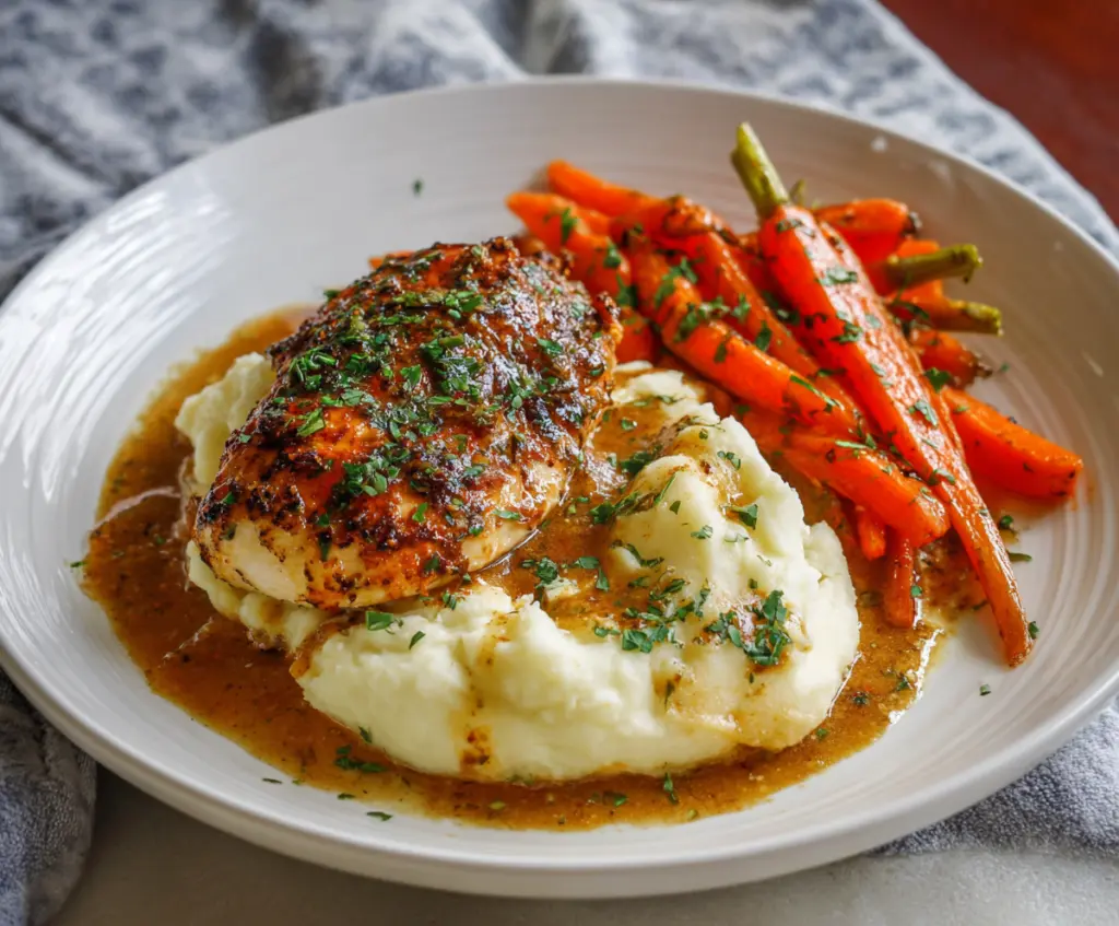 Savory garlic herb chicken served with creamy mashed potatoes and glazed carrots on a dinner plate.
