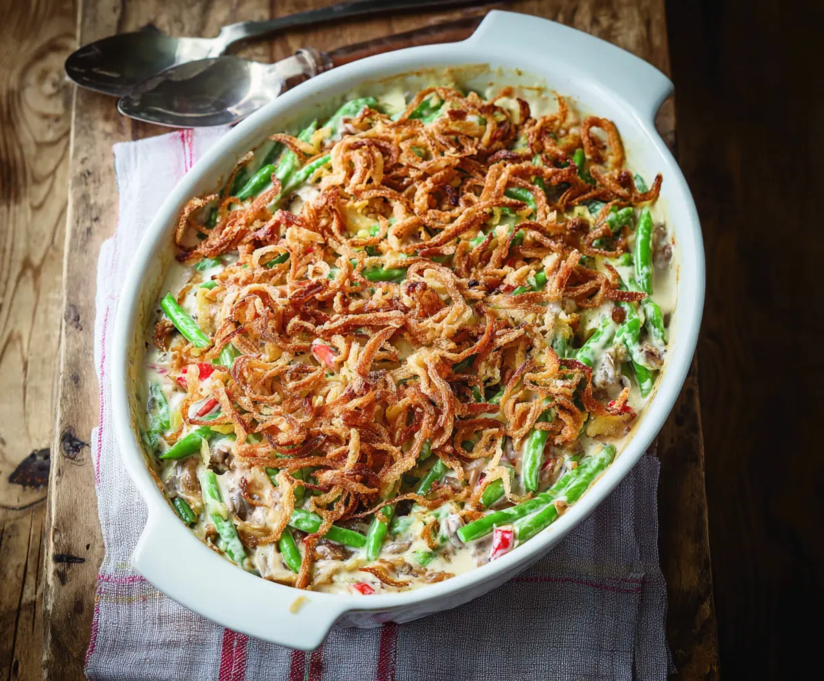 Delicious green bean casserole topped with crispy fried onions, perfect for holiday dinners.