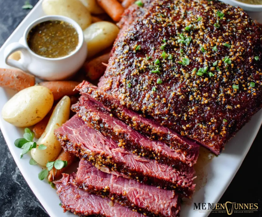 Delicious Guinness Braised Corned Beef served with vegetables, perfect for a hearty Irish meal