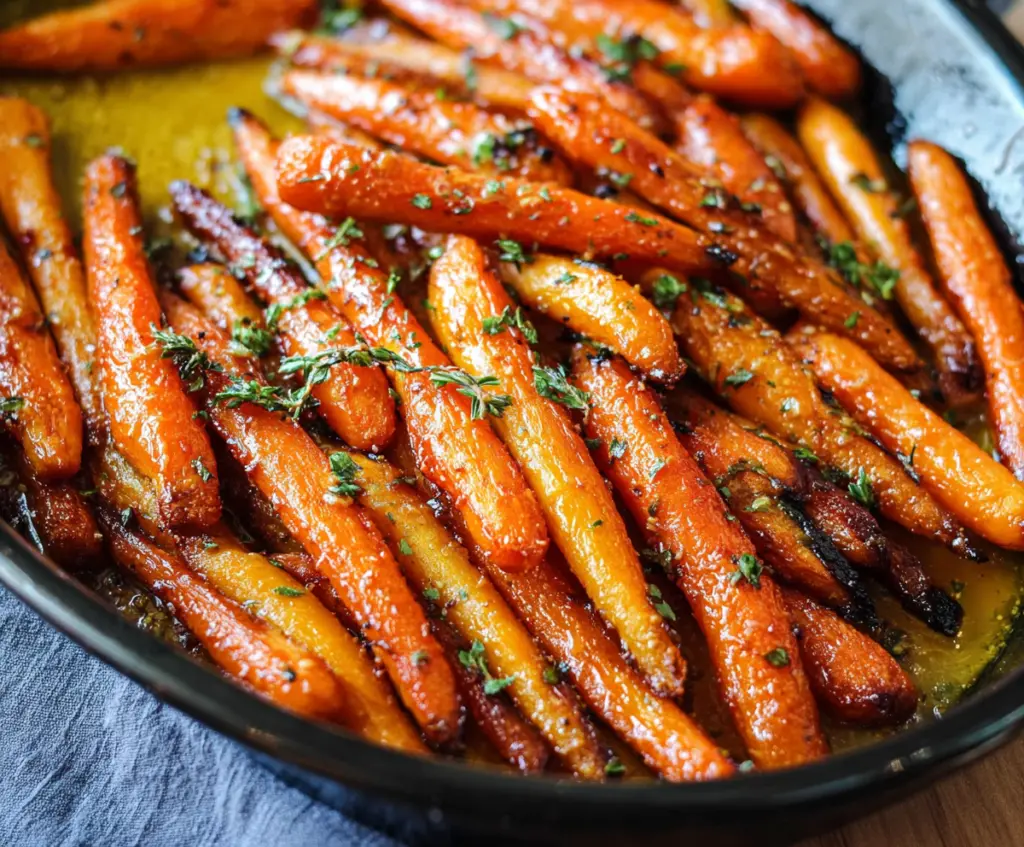 Delicious honey garlic roasted carrots on a white plate, garnished with fresh herbs for a healthy side dish.