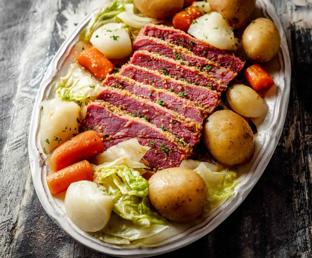 Delicious homemade Instant Pot corned beef and cabbage on a serving platter