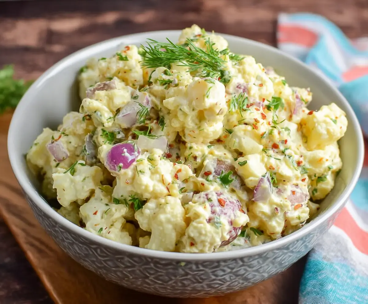 Keto cauliflower potato salad served in a bowl with fresh herbs for a zdravie-friendly low-carb meal.