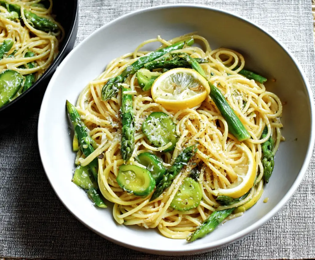 Fresh Lemon Asparagus Pasta served on a white plate, garnished with lemon slices and herbs.