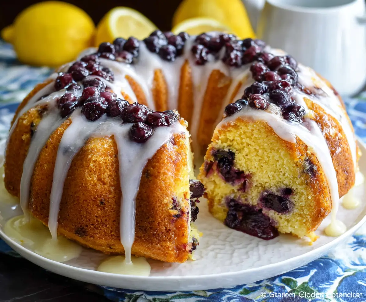 Delicious Lemon Blueberry Bundt Cake with fresh blueberries and lemon glaze on a decorative plate