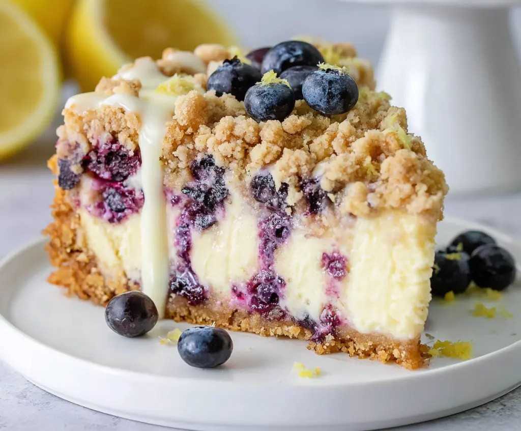 Delicious Lemon Blueberry Crumble Cheesecake with fresh blueberries and lemon zest topping.