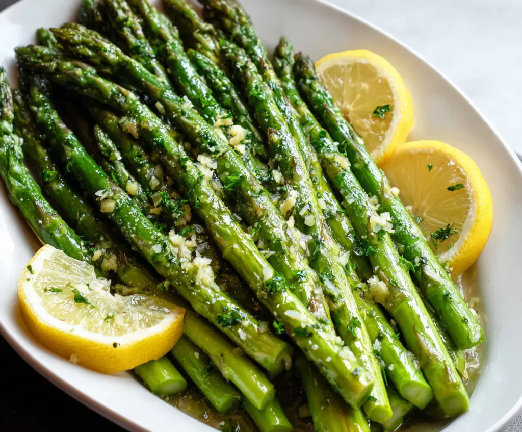 Fresh Lemon Garlic Asparagus served on a plate, highlighting vibrant green asparagus spears with zesty lemon slices and garlic cloves.