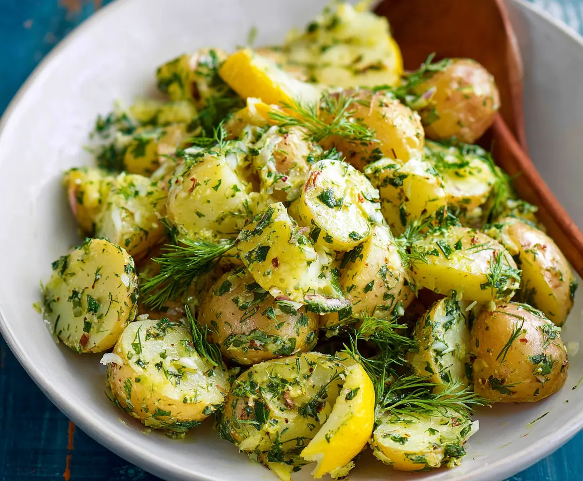 Creamy lemon herb potato salad with fresh herbs and zesty flavor