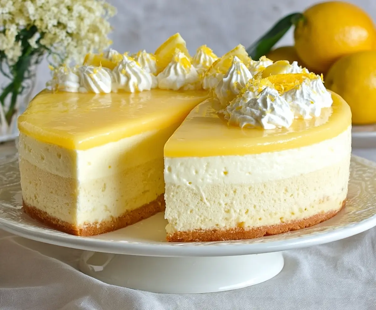 Delicious Lemon Mousse Cake with a light and fluffy texture, garnished with lemon slices and fresh mint.