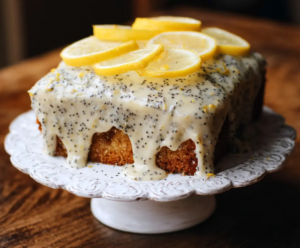 Delicious Lemon Poppy Seed Cake topped with fresh lemon slices and poppy seeds