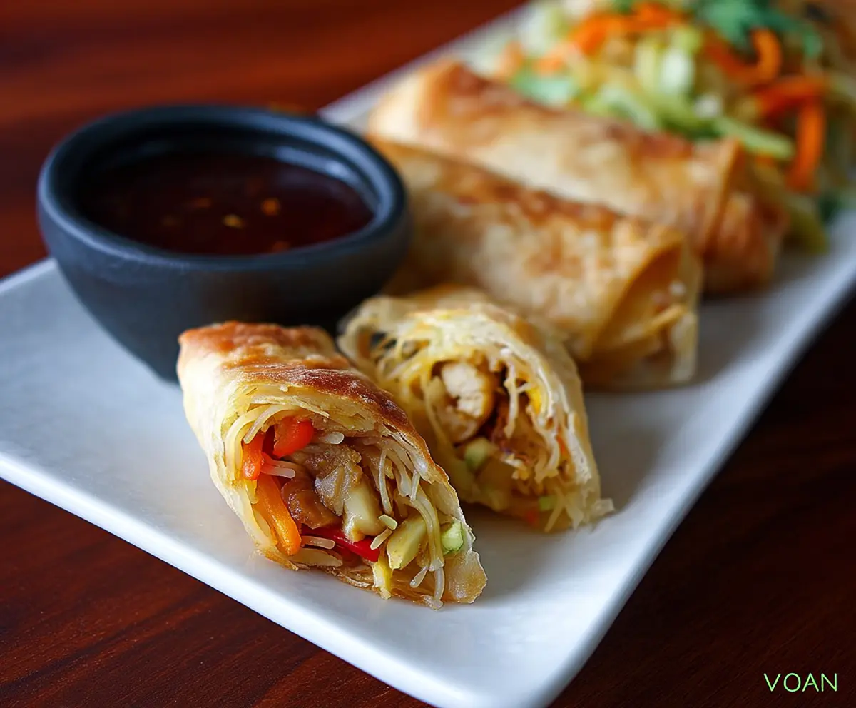 Delicious Lo Mein Spring Rolls filled with fresh vegetables and savory noodles.