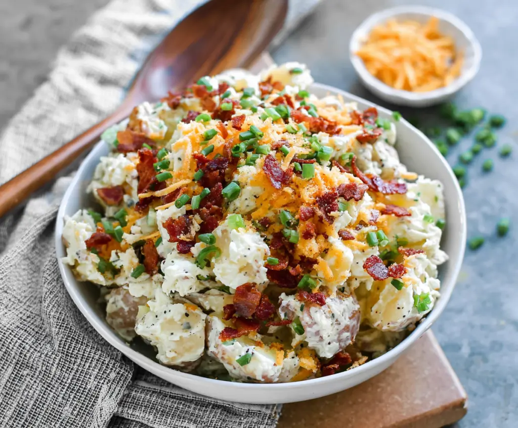 Delicious loaded potato salad with bacon, cheese, and green onions on a serving platter.