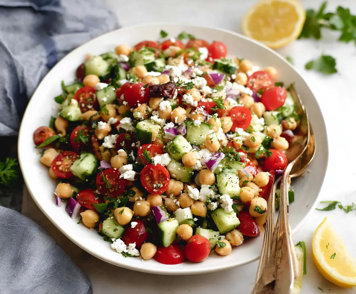 Fresh Mediterranean Pea Salad with olives, feta cheese, and herbs in a bowl