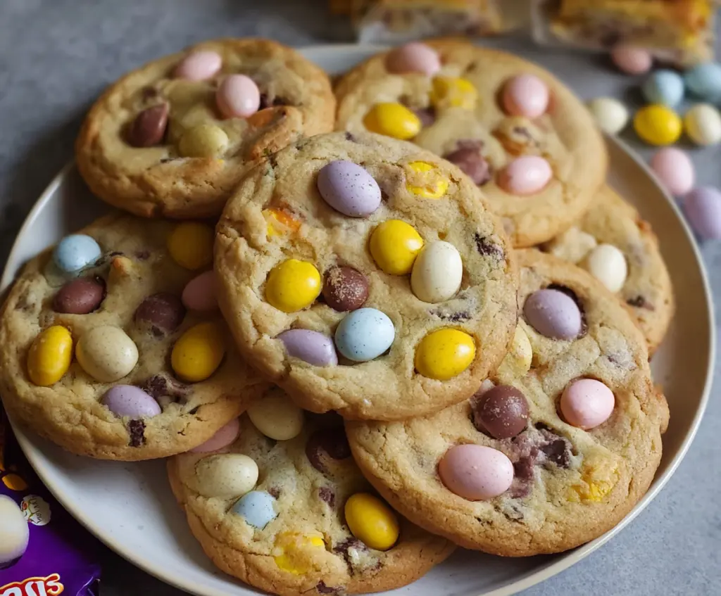 Delicious mini egg cookies with colorful candy-coated eggs on top, perfect for Easter treats.