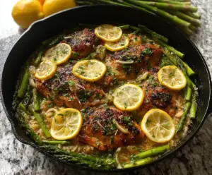 Delicious One Pan Lemon Herb Chicken with Fresh Asparagus on a rustic plate.