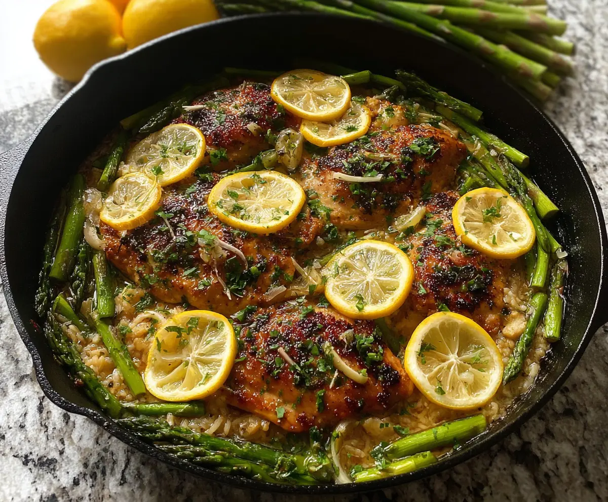 Delicious One Pan Lemon Herb Chicken with Fresh Asparagus on a rustic plate.