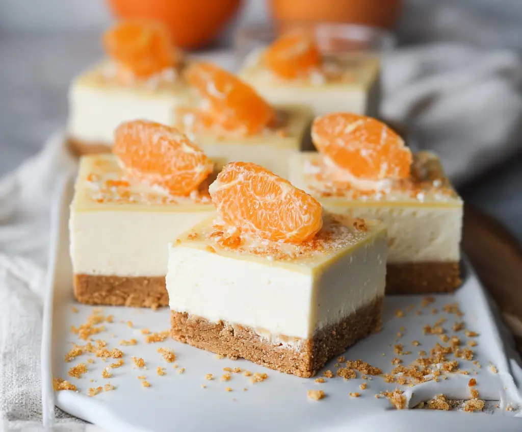 Creamy Orange Creamsicle Cheesecake Bars with a zesty citrus flavor and smooth texture.
