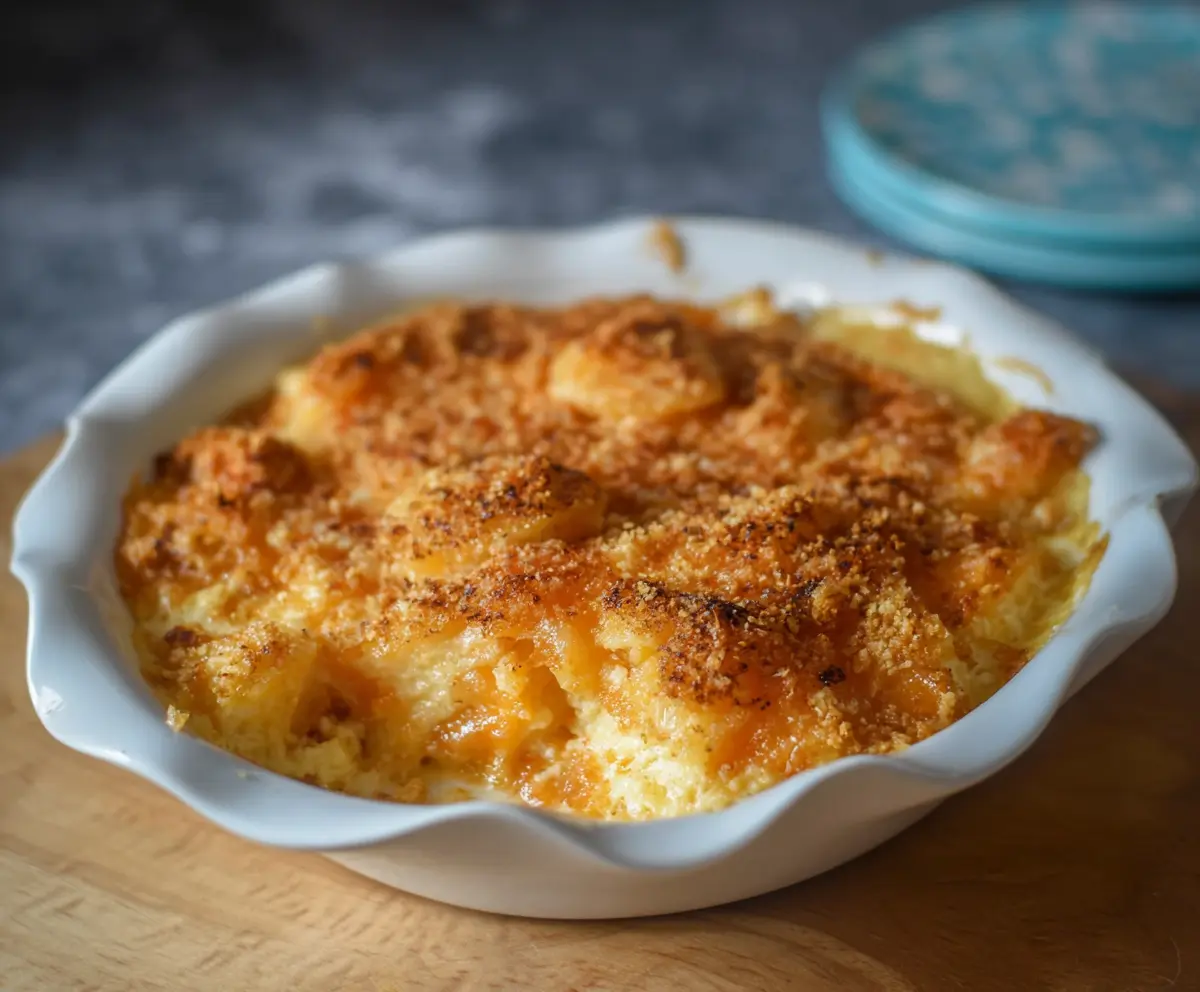 Delicious Pineapple Cheese Casserole topped with golden melted cheese and fresh pineapple chunks.