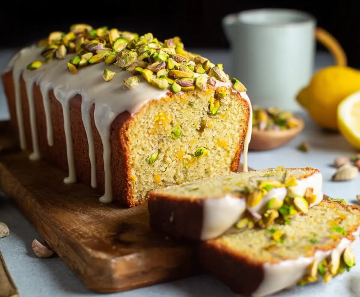 Delicious pistachio lemon pound cake with fresh lemon zest and chopped pistachios on top.