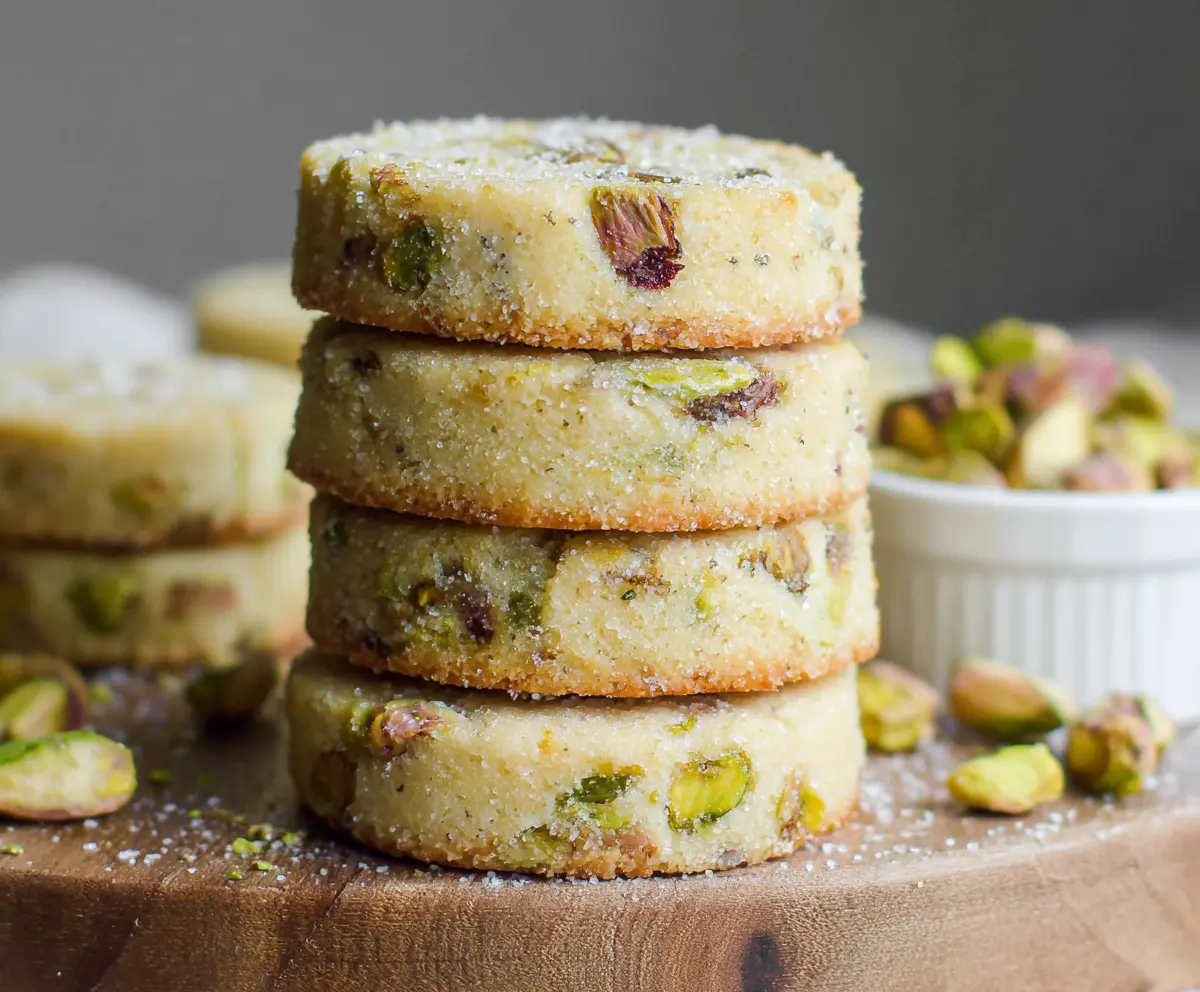 Delicious Pistachio Shortbread Cookies fresh out of the oven with a golden crust and crunchy texture.