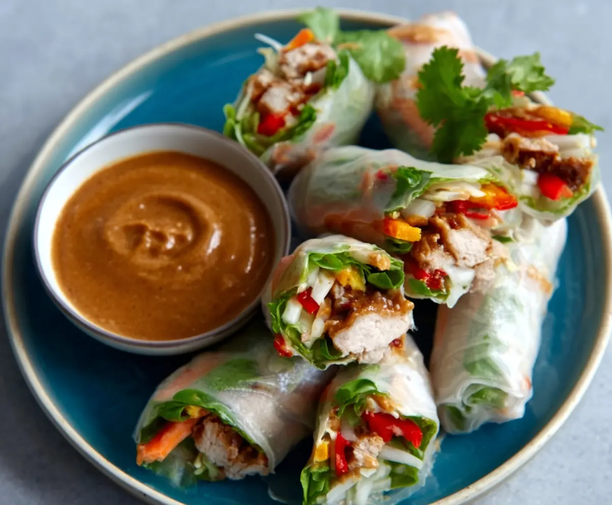 Delicious pork spring rolls served with a tangy peanut lime sauce on a white plate.