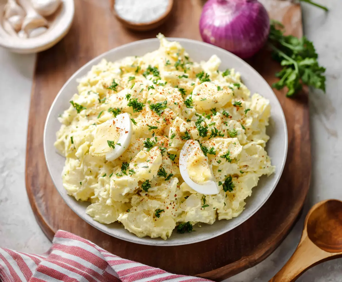 Creamy potato salad with fresh herbs and vegetables, perfect for summer picnics.