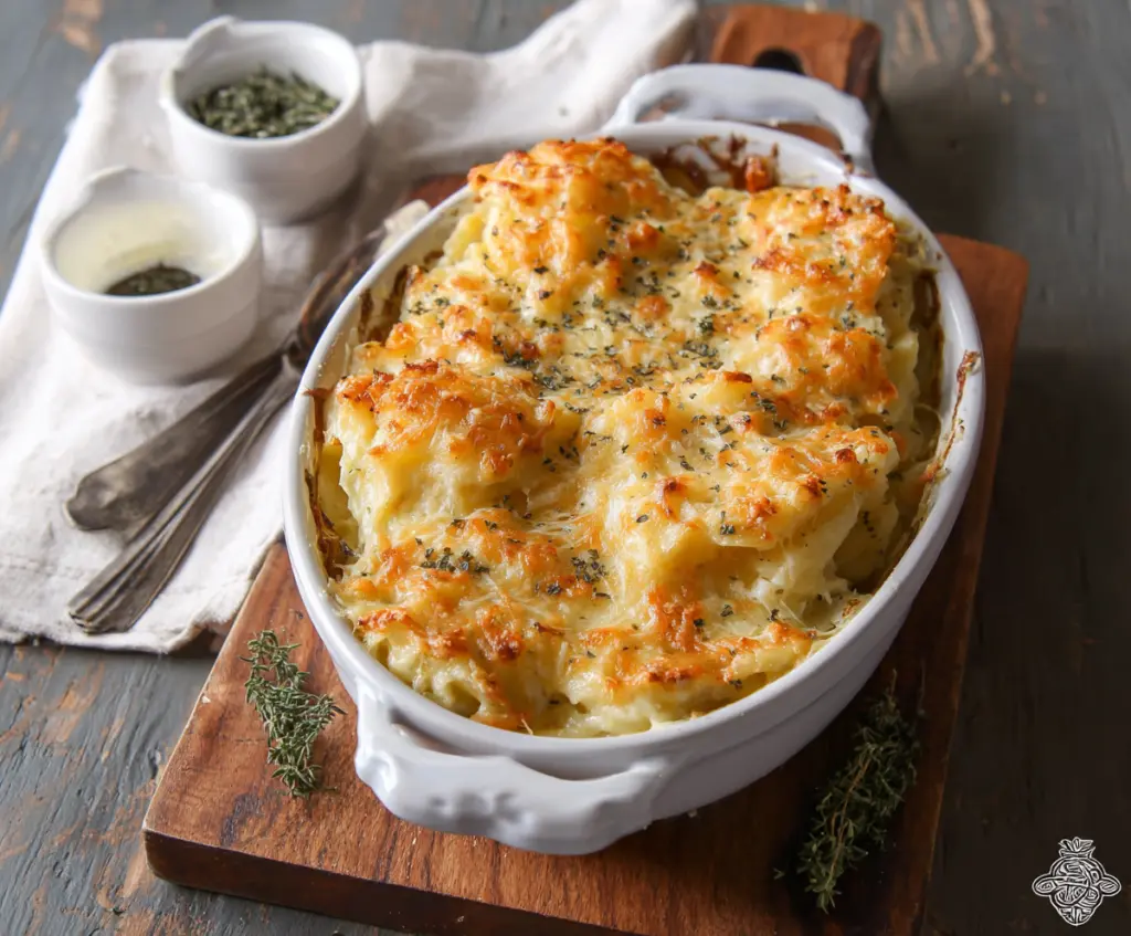 Creamy Potatoes Romanoff with melted cheese and herbs served on a white plate.