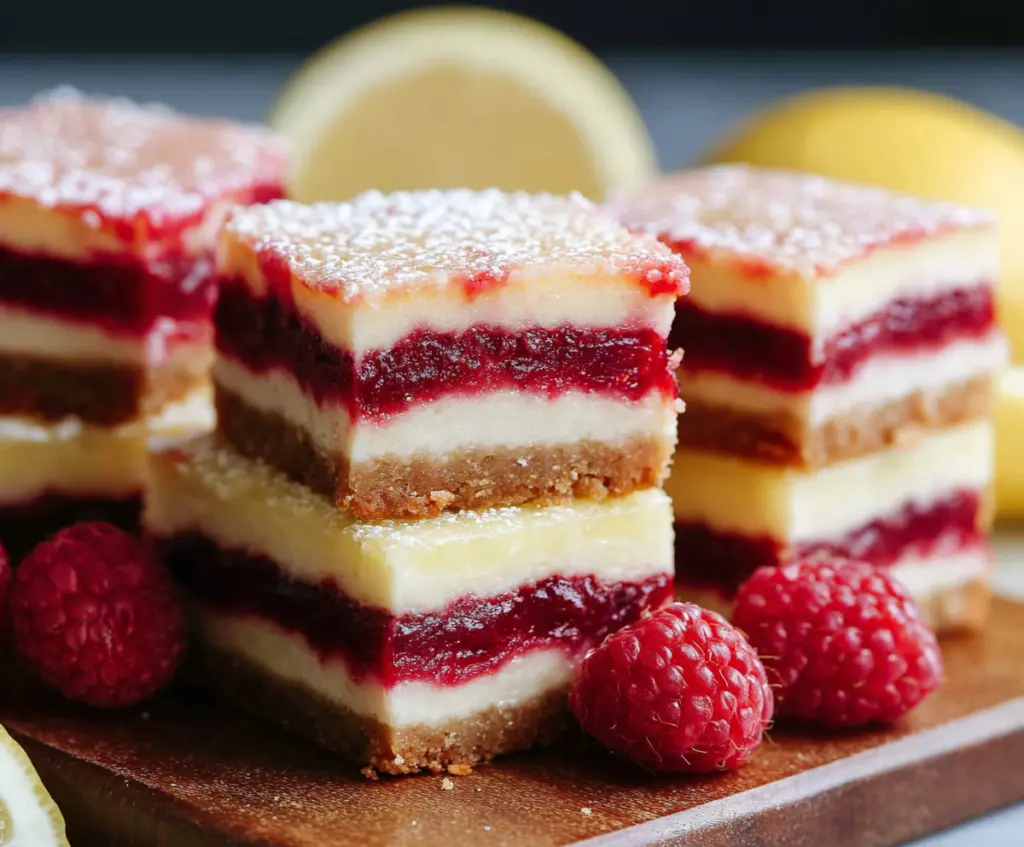 Delicious Raspberry Lemon Cheesecake Bars with fresh raspberries and a tangy lemon flavor