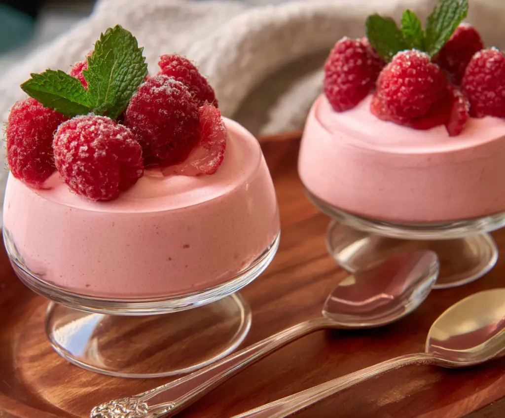Delicious raspberry mousse dessert garnished with fresh raspberries and mint leaves.