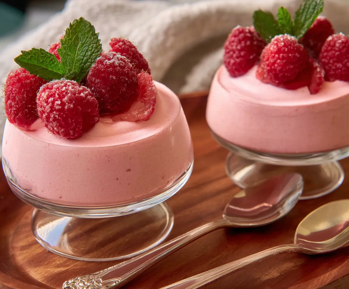 Delicious raspberry mousse dessert garnished with fresh raspberries and mint leaves.