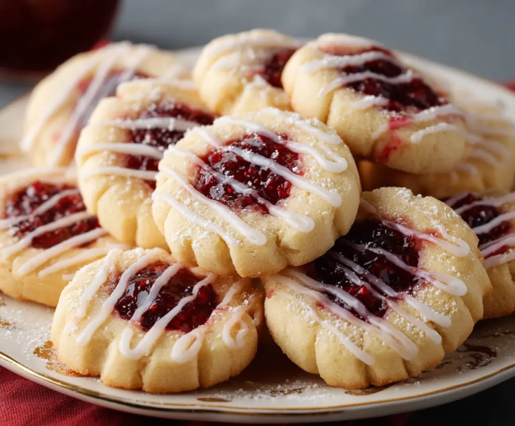 Delicious raspberry shortbread cookies on a plate with fresh raspberries