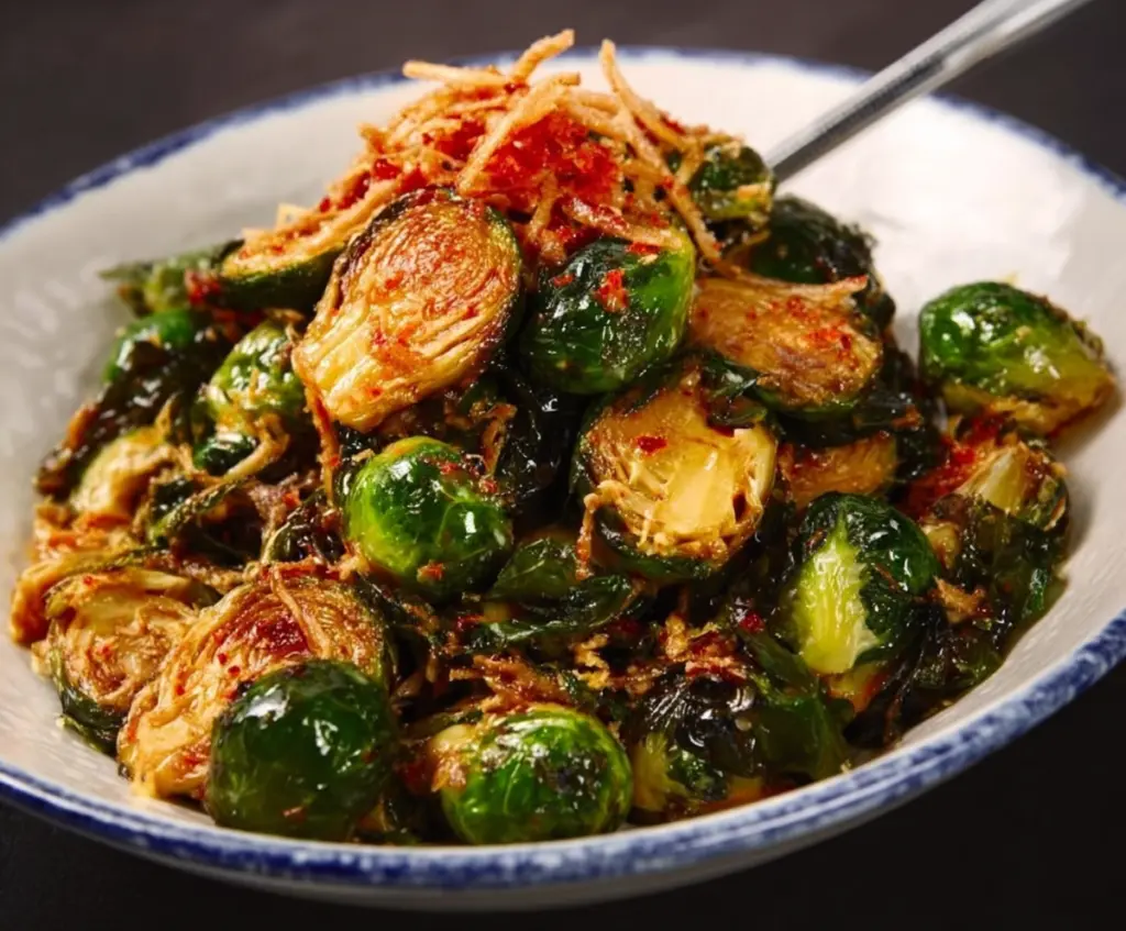 Delicious roasted Brussels sprouts served at Red Lobster, garnished with seasoning.