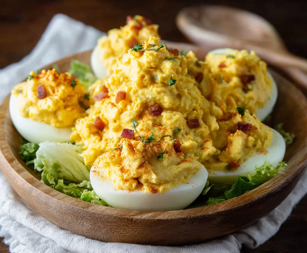 Delicious Salad Deviled Eggs topped with fresh herbs on a white plate