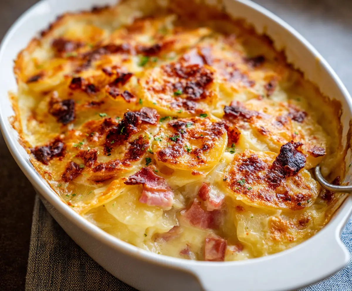 Creamy scalloped potatoes with ham in a baking dish, a savory comfort food meal.