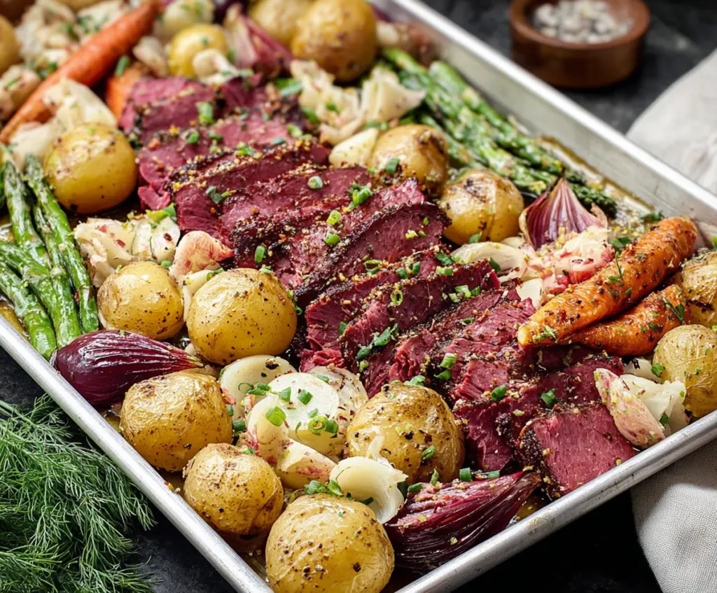 Delicious sheet pan corned beef with roasted vegetables ready to serve