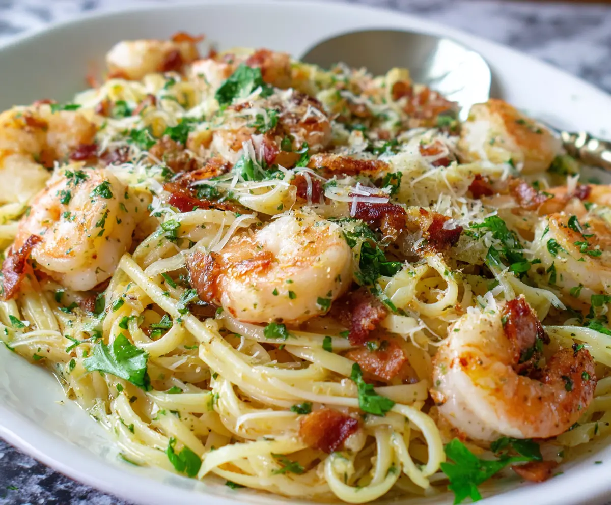 Delicious shrimp pasta carbonara served on a plate with creamy sauce and fresh herbs