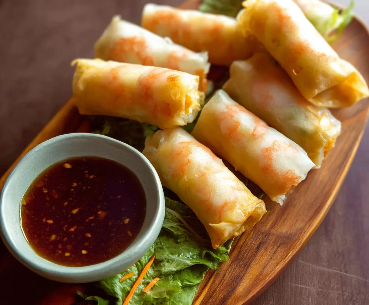 Delicious shrimp and pork spring rolls served with fresh herbs and dipping sauce.
