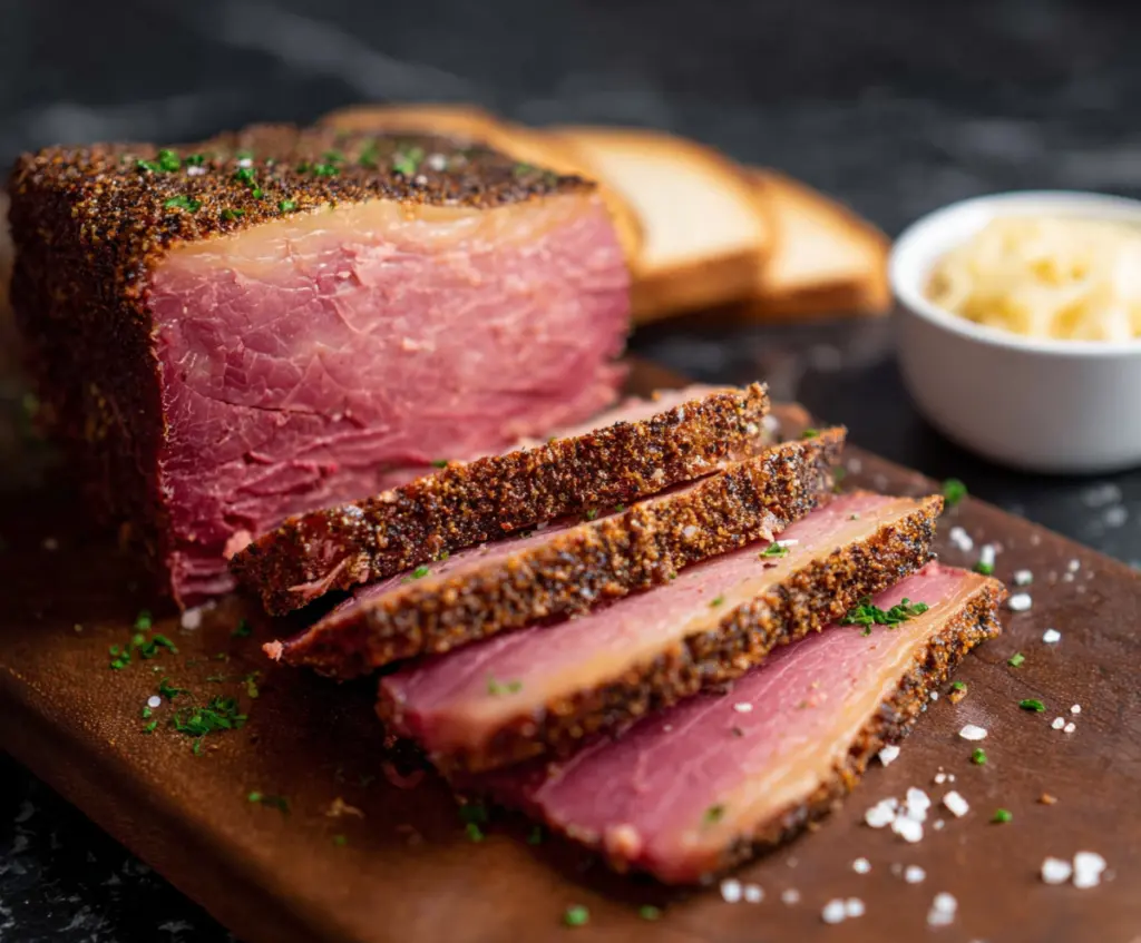 Delicious smoked corned beef served with vegetables on a platter.