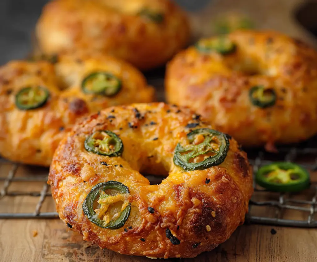 Delicious spicy jalapeño cheddar bagels fresh out of the oven, perfect for breakfast or brunch.