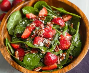 Fresh spinach and sliced strawberries in a vibrant spinach strawberry salad.