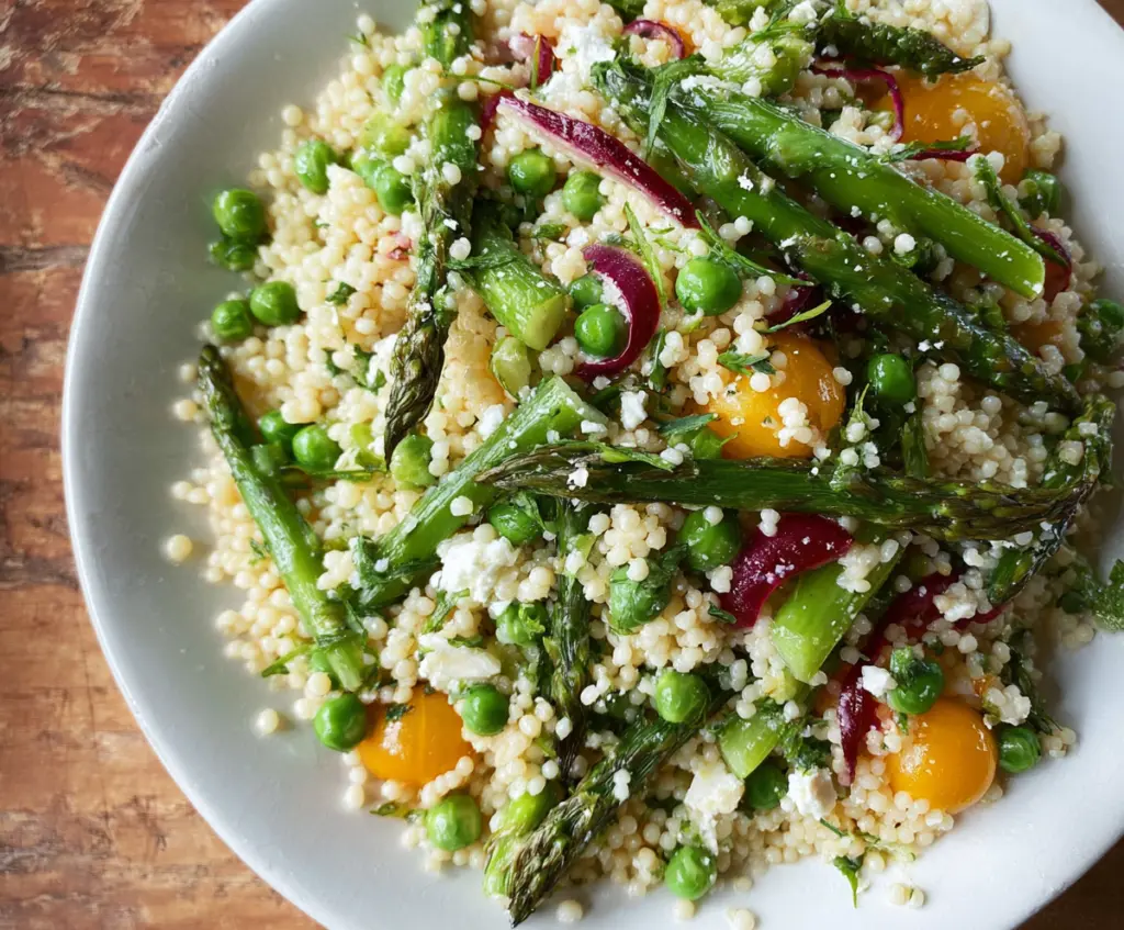 Colorful spring couscous salad with fresh vegetables and herbs, perfect for a healthy meal.