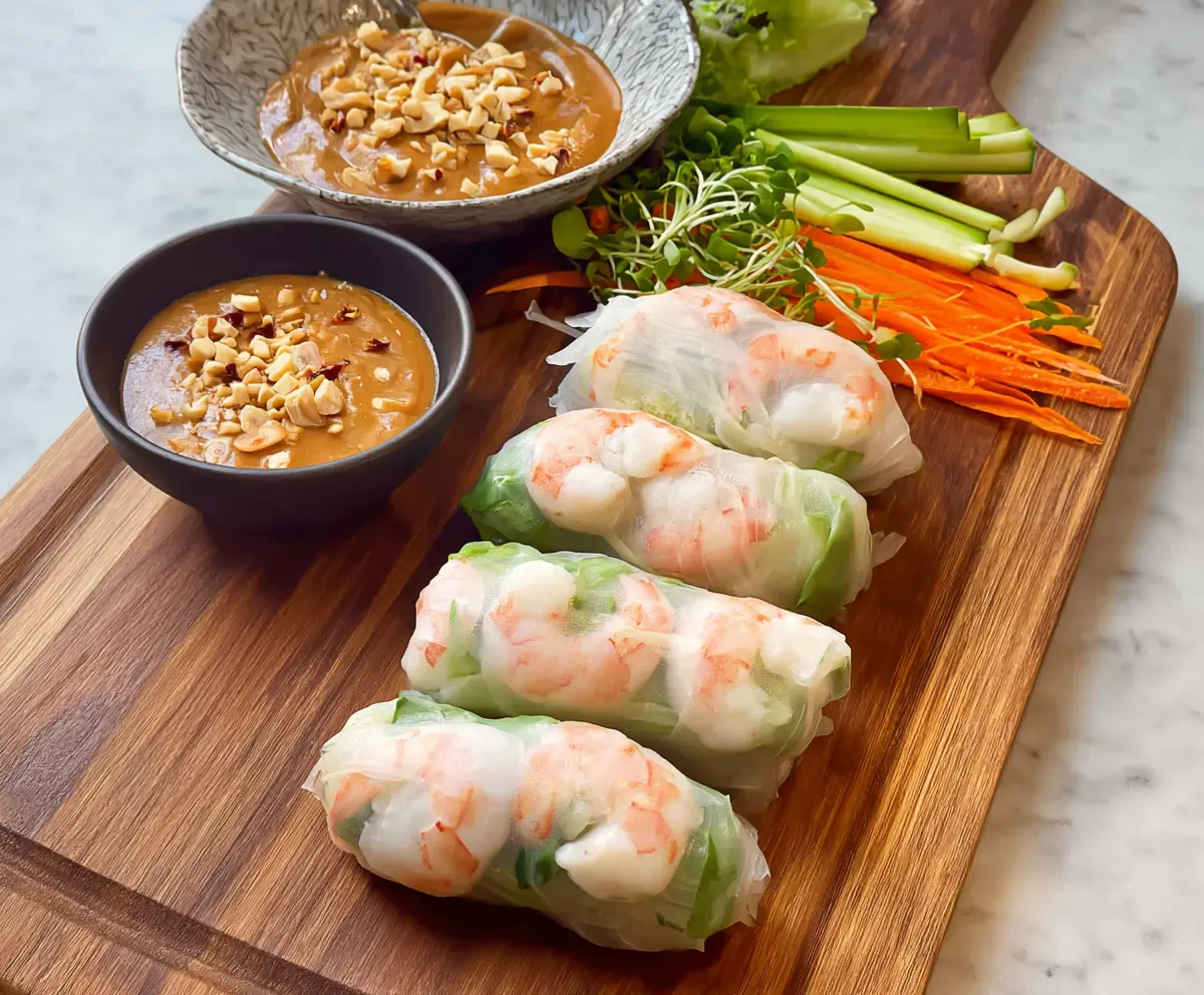 Fresh spring rolls filled with vegetables and herbs served with creamy peanut sauce for a delicious appetizer.