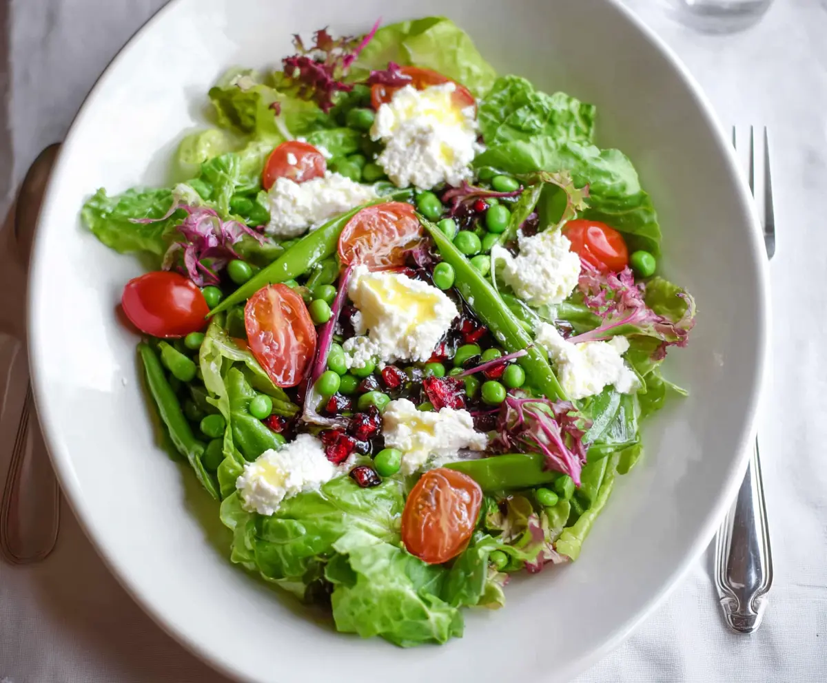 Fresh spring salad with goat cheese, colorful vegetables, and mixed greens for a healthy meal.
