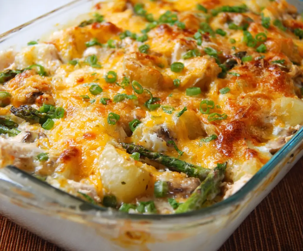 Spring Veggie Loaded Chicken Potato Casserole in a baking dish with colorful vegetables and tender chicken
