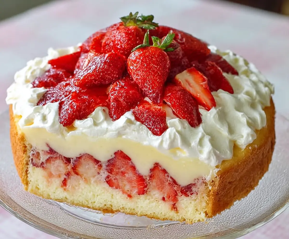 Delicious Strawberry Custard Cake with fresh strawberries and creamy custard layers.