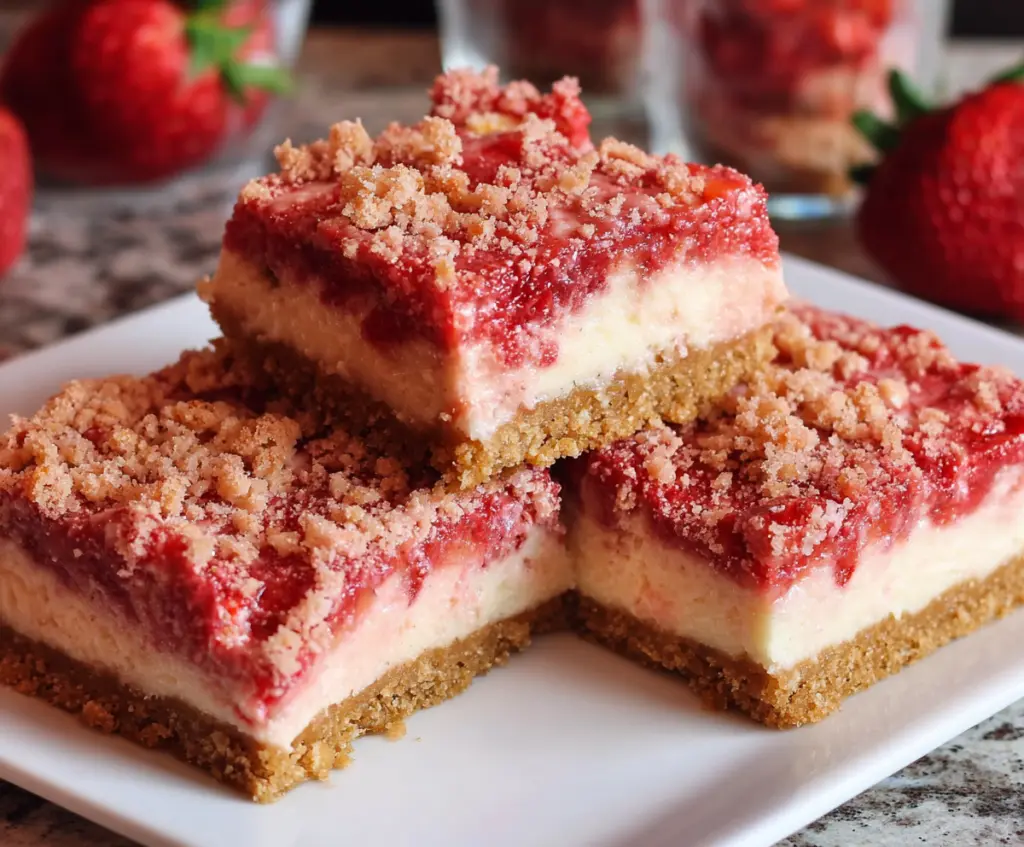 Delicious strawberry shortcake cheesecake bars with fresh strawberries and creamy layers