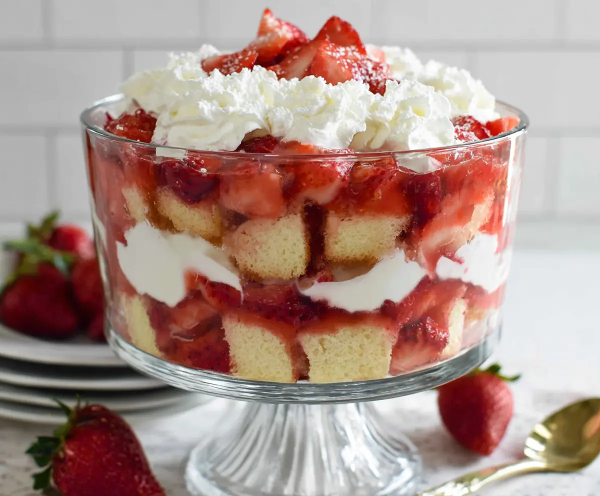 Delicious Strawberry Shortcake Trifle with layers of fresh strawberries, whipped cream, and cake in a glass bowl
