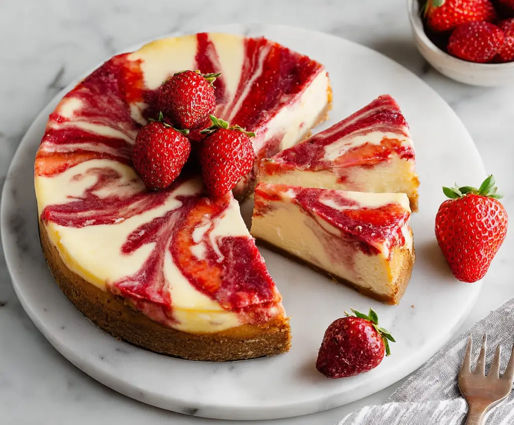 Creamy strawberry swirl cheesecake with a luscious topping and graham cracker crust.