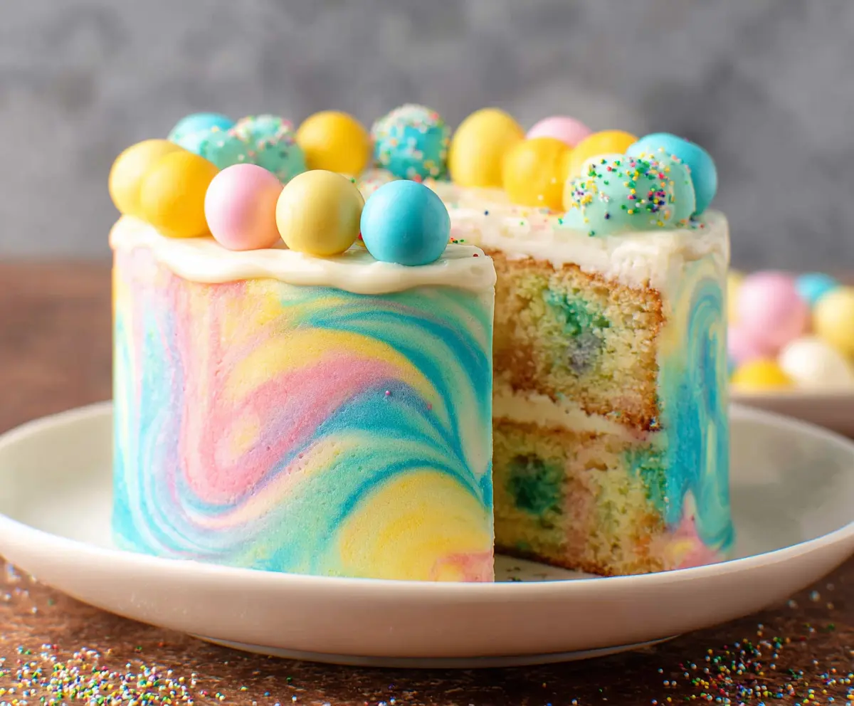 Colorful swirled Easter cake with vibrant frosting and festive decorations